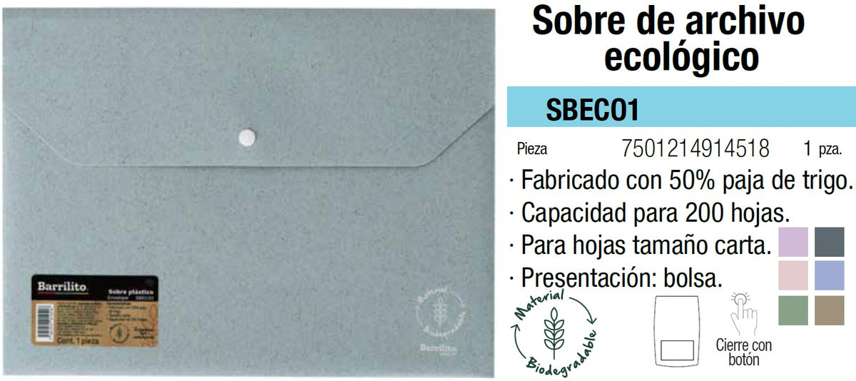 Sobre p/DocumentoPlástico Horizontal c/Broche Colores Ecologi Carta Barrilito® SBECO1 [Pieza] 7501214914518 Imagen principal del producto