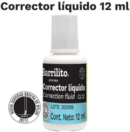 Corrector Liquido c/brocha Blanco 12ml Barrilito® CL12 Pieza 7501214980384