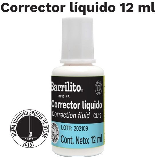 Corrector Liquido c/brocha Blanco 12ml Barrilito® CL12 [Pieza] 7501214980384