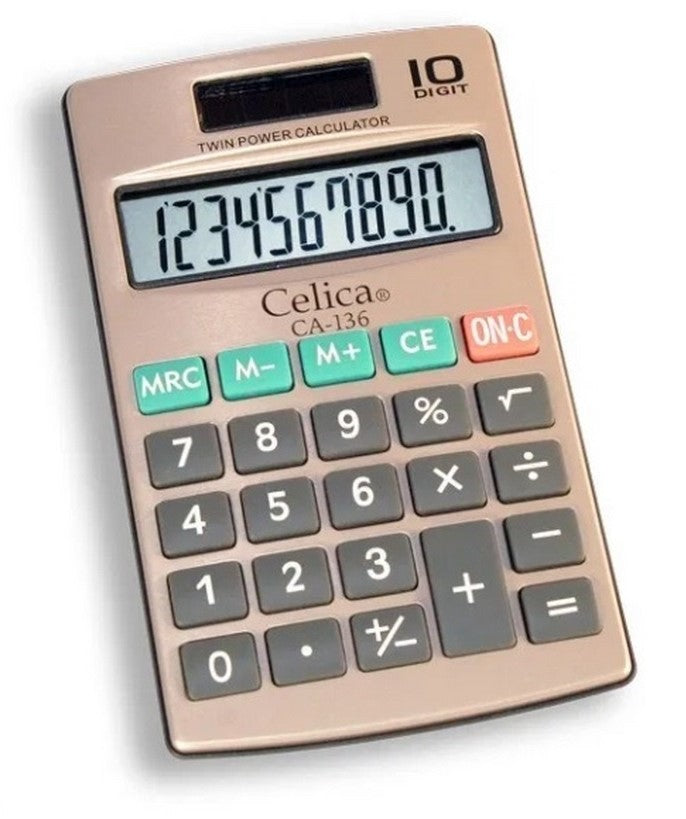 Calculadora Básica Bater. DC/Solar 10 Dígitos Celica® CA-136 [Pieza] 7501953300528