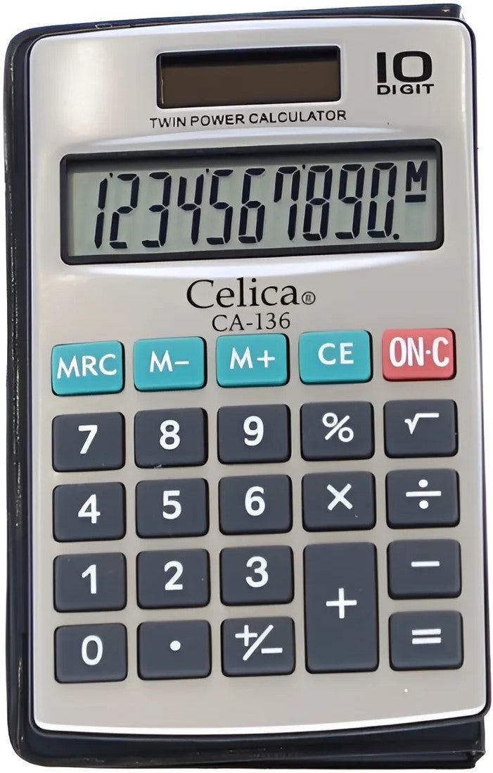 Calculadora Básica Bater. DC/Solar c/Cartera 10 Dígitos 7×11.5cm Celica® CA-136 [Pieza] 7501953300528 2