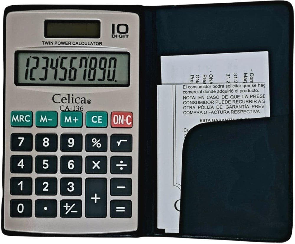 Calculadora Básica Bater. DC/Solar c/Cartera 10 Dígitos 7×11.5cm Celica® CA-136 [Pieza] 7501953300528 4
