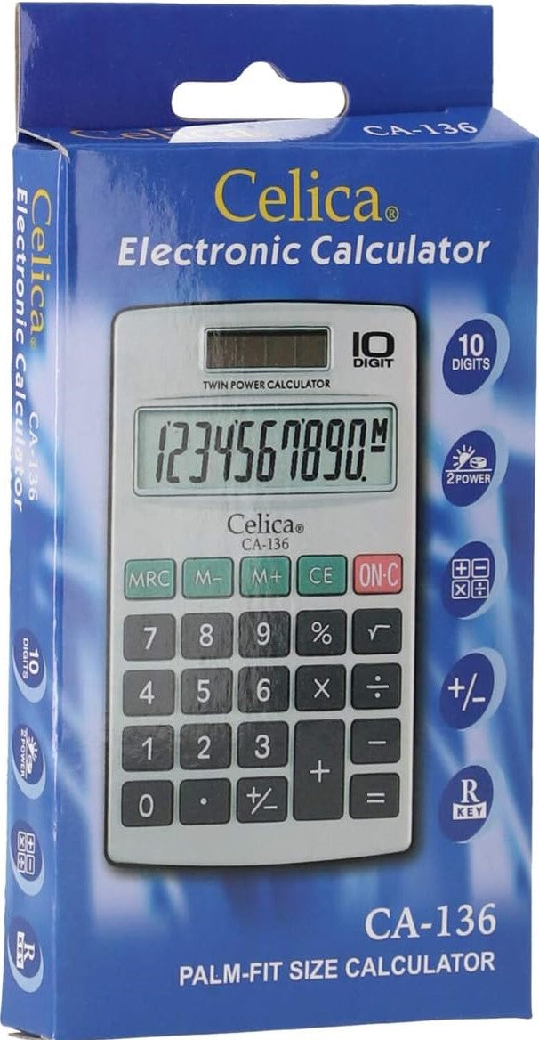 Calculadora Básica Bater. DC/Solar c/Cartera 10 Dígitos 7×11½cm Celica® CA-136 [Pieza] 7501953300528 7