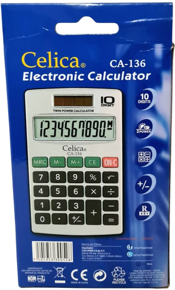 Calculadora Básica Bater. DC/Solar c/Cartera 10 Dígitos 7×11½cm Celica® CA-136 [Pieza] 7501953300528 8