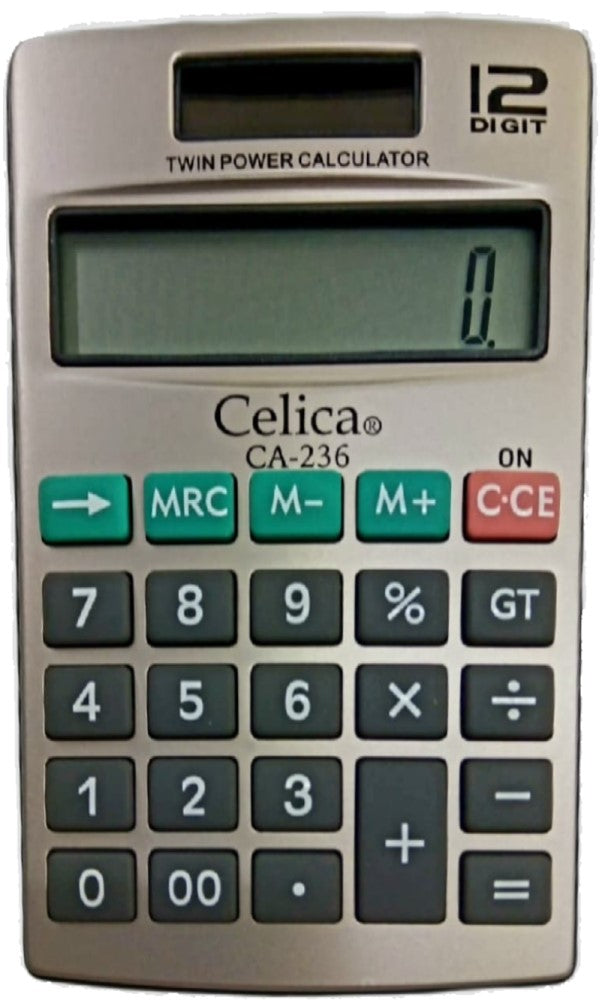 Calculadora Básica Bater. DC/Solar 12 Dígitos Celica® CA-236 Pieza 7501953300535