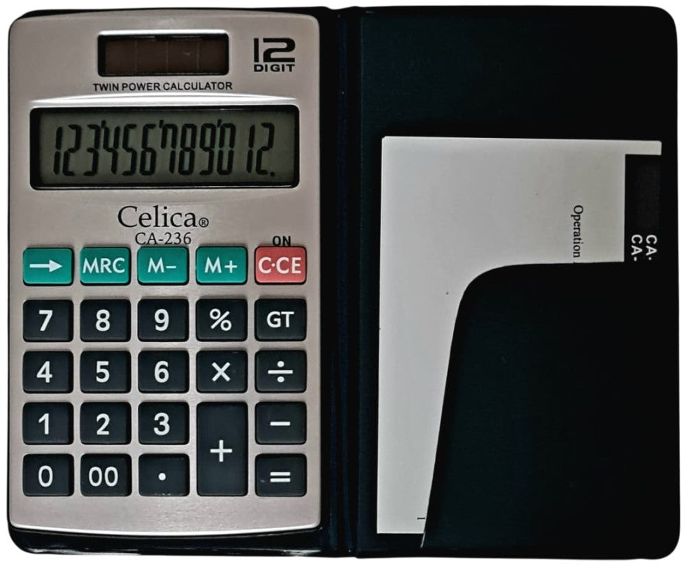 Calculadora Básica Bater. DC/Solar c/Cartera 12 Dígitos 7×11½cm Celica® CA-236 [Pieza] 7501953300535 2
