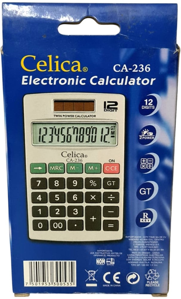 Calculadora Básica Bater. DC/Solar c/Cartera 12 Dígitos 7×11½cm Celica® CA-236 [Pieza] 7501953300535 6