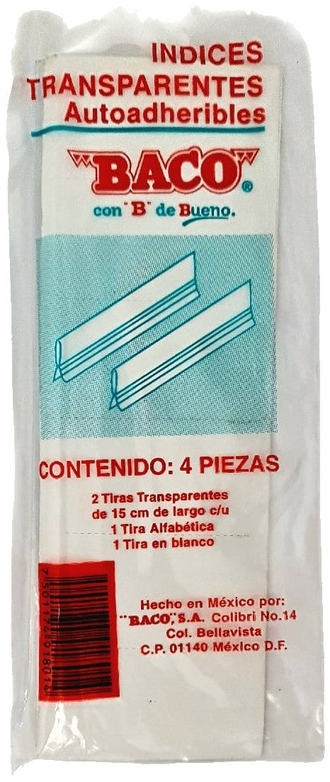 Indice Transparente Auto-Adheribles 15cm Fondo Blanco Sobre c/2 Baco® CP091 Pieza 7501174918014 01