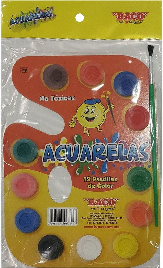 Acuarelas en Cartón Paleta Cartón c/Pincel Colores c/12 Baco® AC002 Pieza 7501174967517 02
