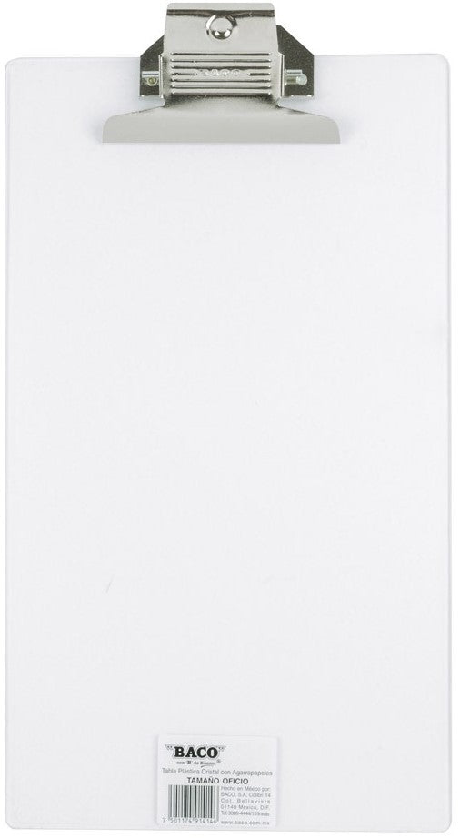 TablaAgarraPapel Plástico Broche Placa Metal Transparente Oficio Baco® TB009 Pieza 7501174914146 01