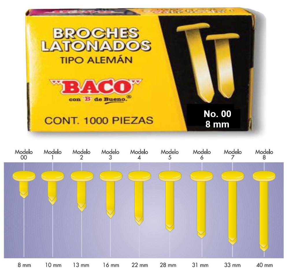 Broches Latonados Tipo Alemán B-00 c/1000 8mm Baco® BR010 Caja 7501174919004 01