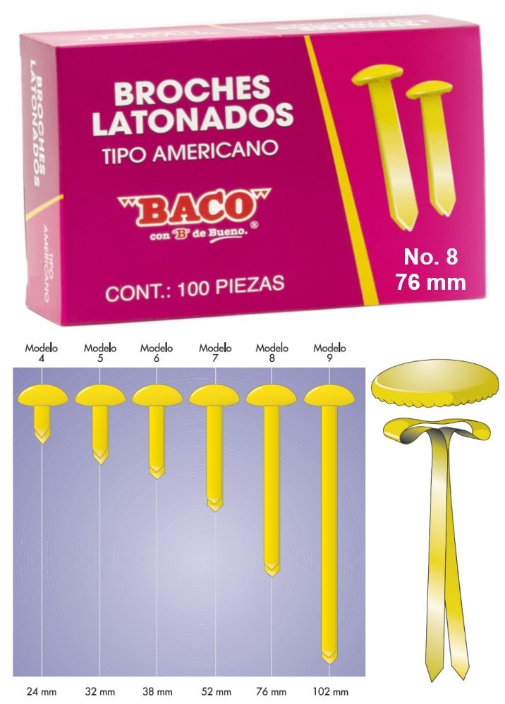 Broches Latonados Tipo Américano BA-8 c/100 76mm Baco® BR023 Caja 7501174919547 01