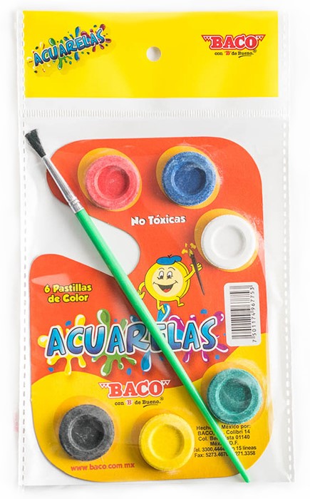 Acuarelas en Cartón Paleta Cartón c/Pincel Colores c/6 Baco® AC001 Pieza 7501174967753 01
