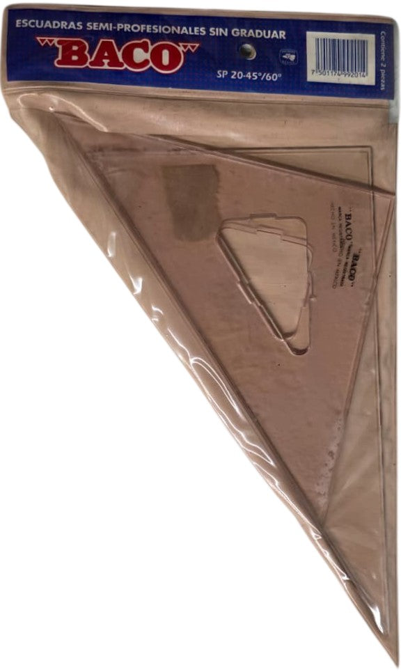 Escuadras SemiProfesional Sp-2045/60 con Bisel 20cm sin Graduación Acrílico Baco® SP003 Estuche 7501