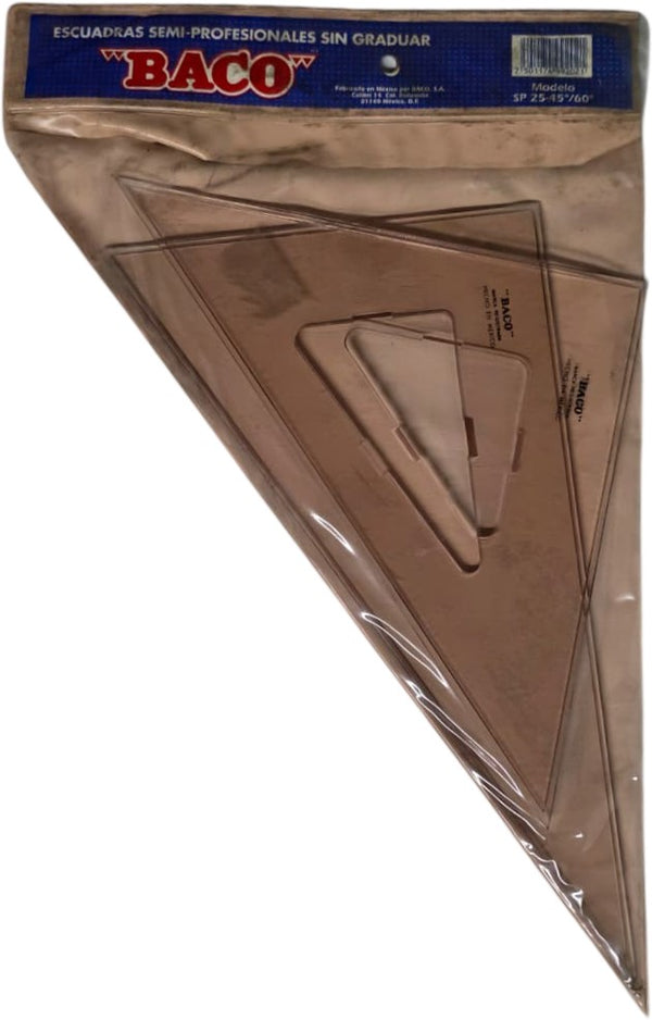 Escuadras SemiProfesional Sp-2545/60 con Bisel café 25cm sin Graduación Acrílico Baco® SP005 Estuche