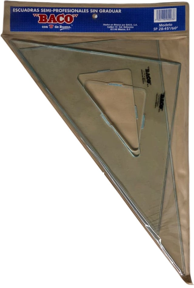Escuadras SemiProfesional Sp-2845/60 con Bisel azul 28cm sin Graduación Acrílico Baco® SP007 Estuche