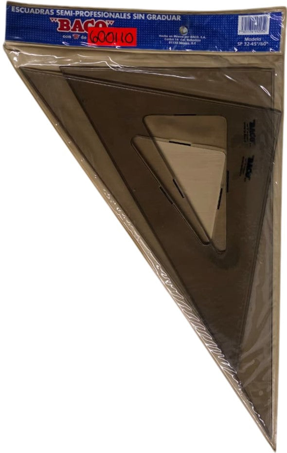 Escuadras SemiProfesional Sp-3245/60 con Bisel café 32cm sin Graduación Acrílico Baco® SP011 Estuche