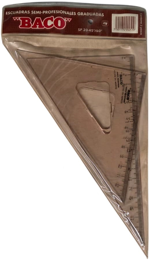 Escuadras SemiProfesional Sp-2045/60 sin Bisel café 20cm Graduada Acrílico Baco® SP015 Estuche 75011