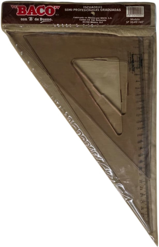 Escuadras SemiProfesional Sp-3045/60 con Bisel café 30cm Graduada Acrílico Baco® SP021 Estuche 75011