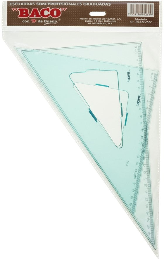 Escuadras SemiProfesional Sp-3045/60 con Bisel café 30cm Graduada Acrílico Baco® SP021 Estuche 75011