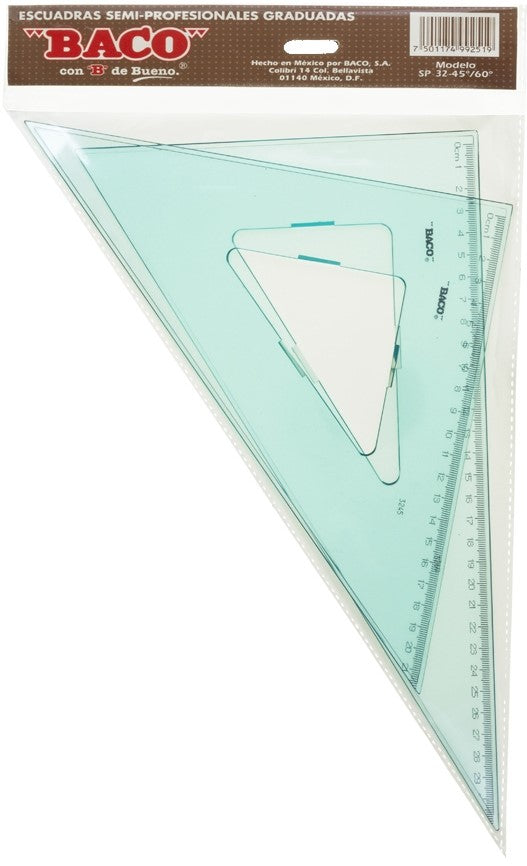 Escuadras SemiProfesional Sp-3245/60 con Bisel 32cm Graduada Acrílico Baco® SP023 Estuche 7501174992