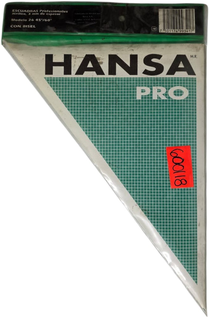 Escuadras Profesional M-2645/60 sin Graduación 26cm con Bisel Acrílico Hansa® HN026 Estuche 75011749