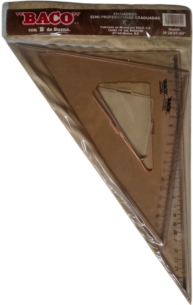 Escuadras SemiProfesional Sp-2845/60 con Bisel café 28cm Graduada Acrílico Baco® SP019 Estuche 75011
