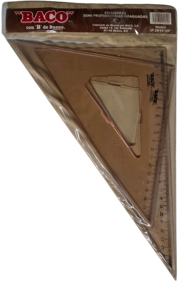 Escuadras SemiProfesional Sp-2845/60 con Bisel café 28cm Graduada Acrílico Baco® SP019 Estuche 75011