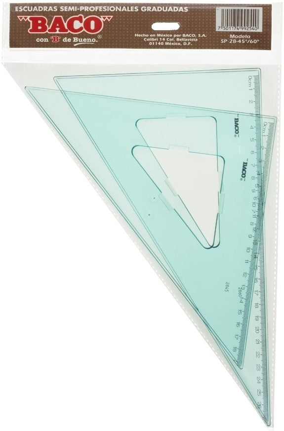 Escuadras SemiProfesional Sp-2845/60 con Bisel café 28cm Graduada Acrílico Baco® SP019 Estuche 75011