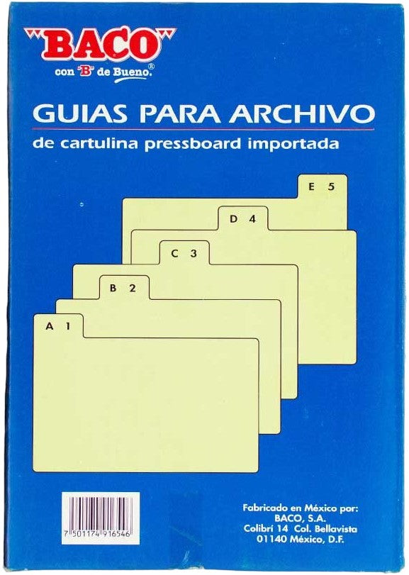 Guía p/Archivo Pressboard Alfanumérica c/25 Verde Claro 5×8" Baco® CP098 Paquete 7501174916546 03