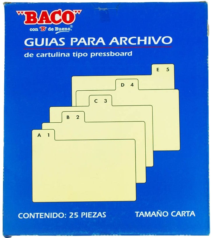 Guía p/Archivo Pressboard Alfanumérica c/25 Verde Claro Carta Baco® CP099 Paquete 7501174916508 01