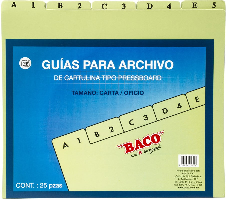 Guía p/Archivo Pressboard Alfanumérica c/25 Verde Claro Carta Baco® CP099 Paquete 7501174916508 02
