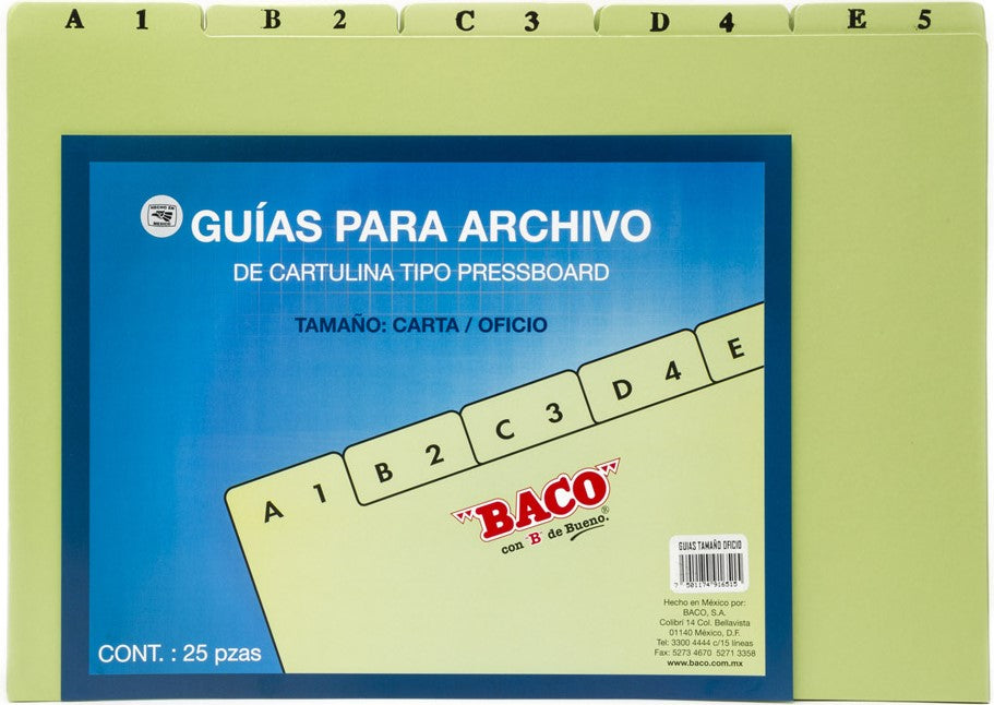 Guía p/Archivo Pressboard Alfanumérica c/25 Verde Claro Oficio Baco® CP100 Paquete 7501174916515 01