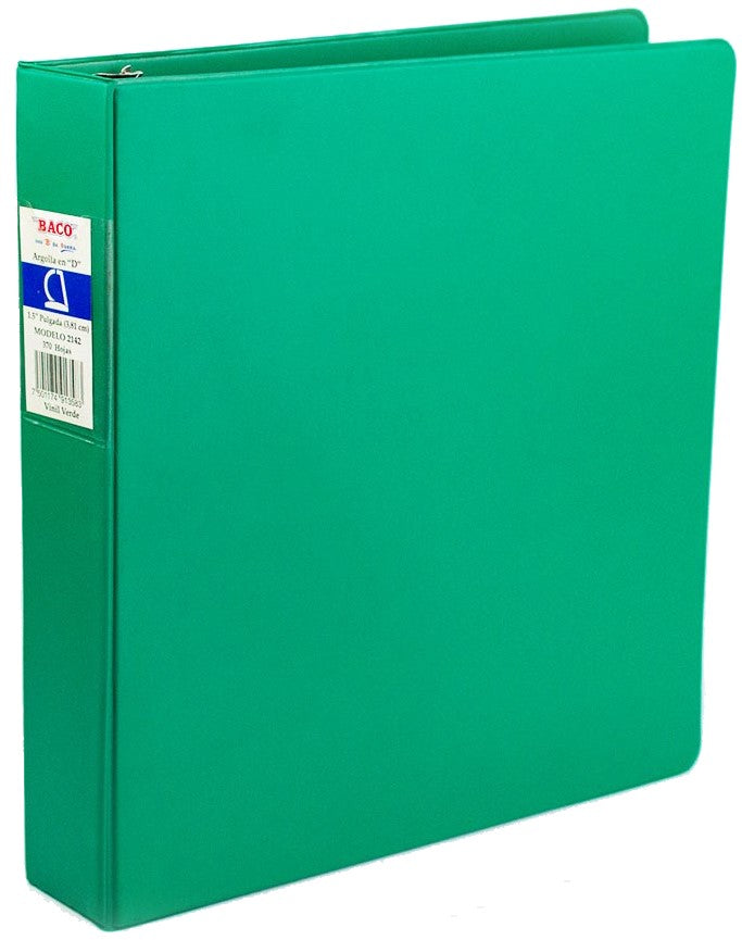 Carpeta 3 Argollas "D" 2142 sin ventanas 1½" Verde Carta Baco® Pieza 7501174913583 01