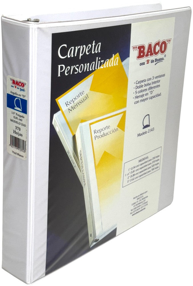 Carpeta 3 Argollas "D" 2143 con 3 ventanas 1½" Blanco Carta Baco® CV079 Pieza 7501174913743 01