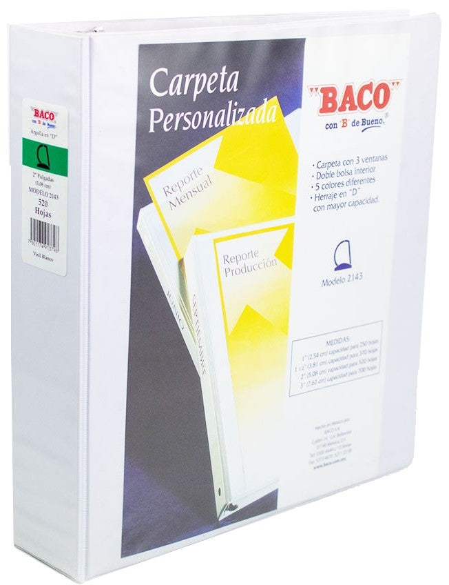 Carpeta 3 Argollas "D" 2143 con 3 ventanas 2" Blanco Carta Baco® CV084 Pieza 7501174913798 01