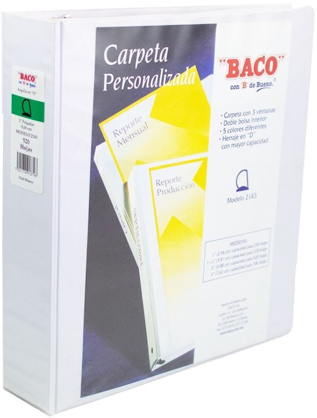 Carpeta 3 Argollas "D" 2143 con 3 ventanas 2" Blanco Carta Baco® CV084 Pieza 7501174913798 03