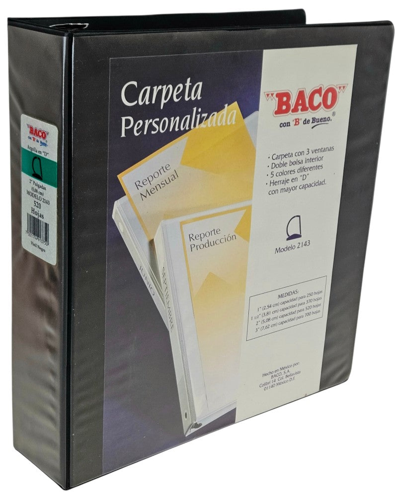 Carpeta 3 Argollas "D" 2143 con 3 ventanas 2" Negro Carta Baco® CV085 Pieza 7501174913750 01