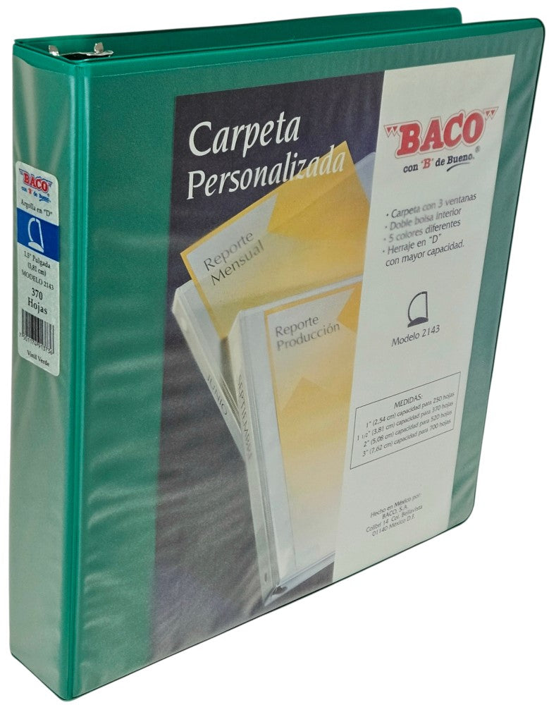 Carpeta 3 Argollas "D" 2143 con 3 ventanas 1½" Verde Carta Baco® CV077 Pieza 7501174913736 01