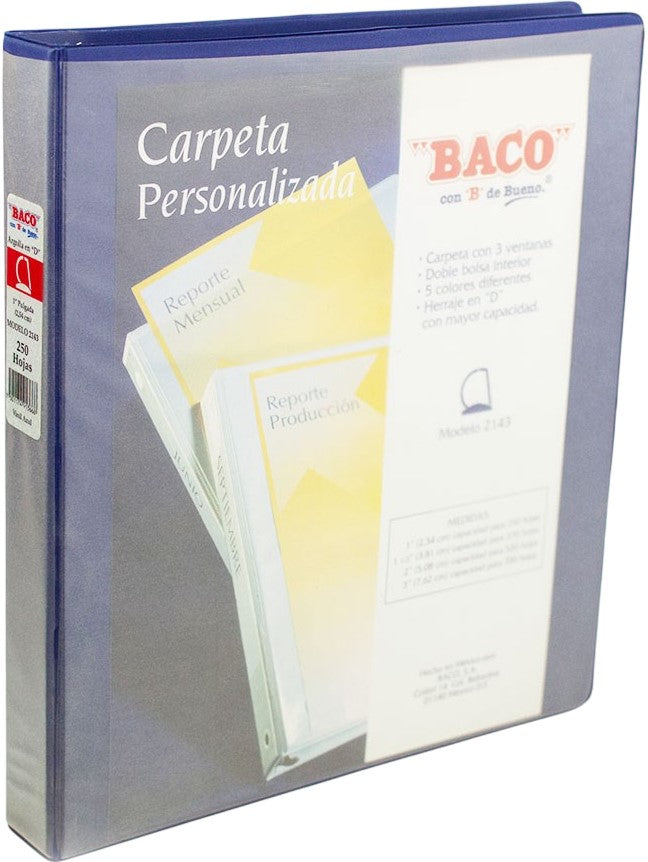 Carpeta 3 Argollas "D" 2143 con 3 ventanas 1" Azul Carta Baco® CV071 Pieza 7501174913668 01