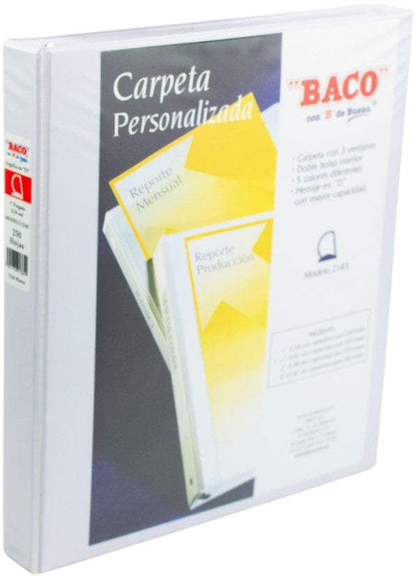 Carpeta 3 Argollas "D" 2143 con 3 ventanas 1" Blanco Carta Baco® CV074 Pieza 7501174913699 01