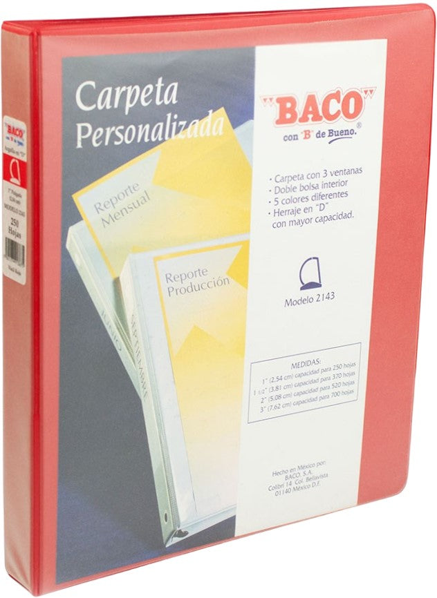 Carpeta 3 Argollas "D" 2143 con 3 ventanas 1" Rojo Carta Baco® CV073 Pieza 7501174913675 01