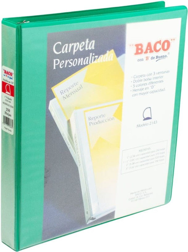Carpeta 3 Argollas "D" 2143 con 3 ventanas 1" Verde Carta Baco® CV072 Pieza 7501174913682 01