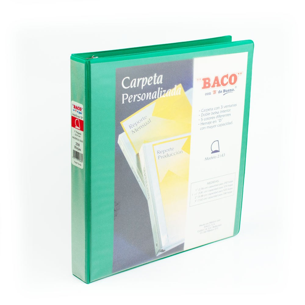 Carpeta 3 Argollas "D" 2143 1" Verde Carta Baco® CV072 Pieza 7501174913682 01