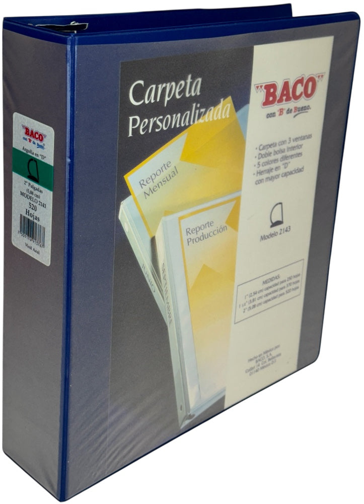 Carpeta 3 Argollas "D" 2143 con 3 ventanas 2" Azul Carta Baco® CV081 Pieza 7501174913767 01