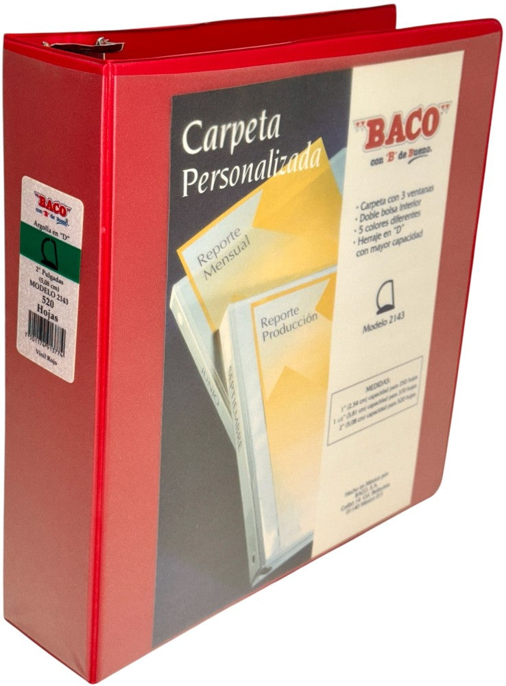 Carpeta 3 Argollas "D" 2143 con 3 ventanas 2" Rojo Carta Baco® CV083 Pieza 7501174913774 01