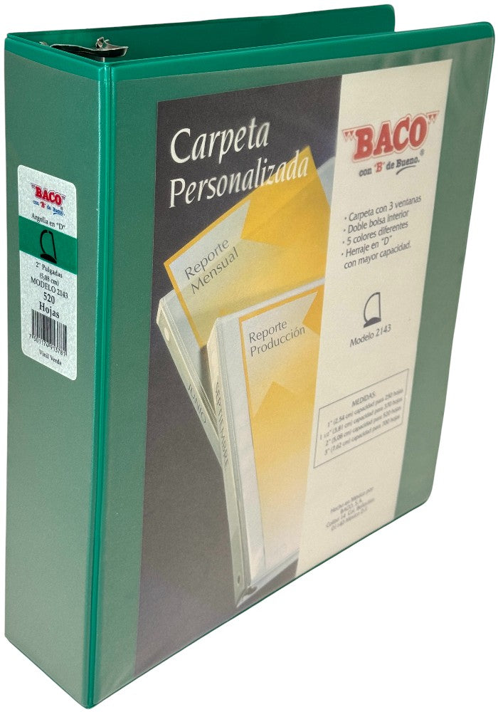 Carpeta 3 Argollas "D" 2143 con 3 ventanas 2" Verde Carta Baco® CV082 Pieza 7501174913781 01