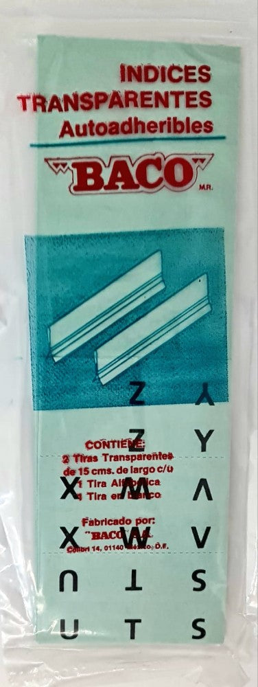 Indice Transparente Auto-Adheribles 15cm Fondo Azul Sobre c/2 Baco® Pieza 01