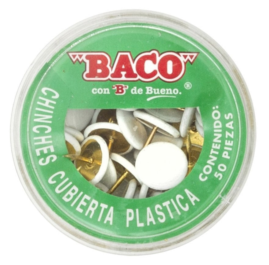 Chinchetas Cabeza Plástica Importada Blanco c/50 Baco® CH019 Caja 7501174911886