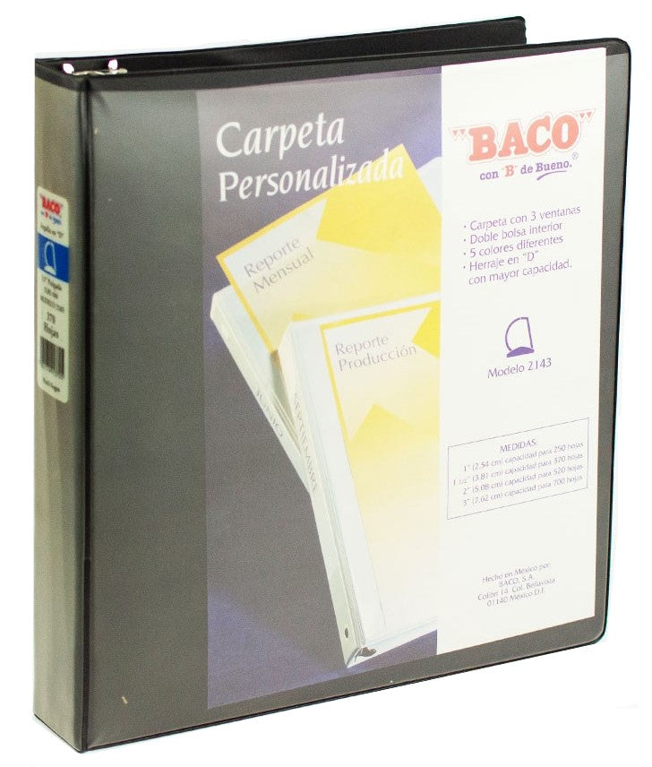 Carpeta 3 Argollas "D" 2143 con 3 ventanas 1½" Negro Carta Baco® CV080 Pieza 7501174913705 01